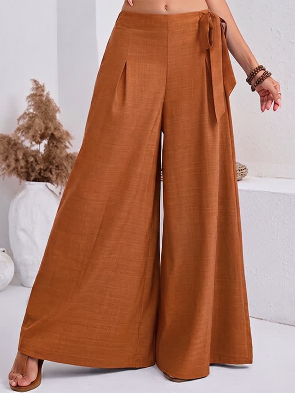Wide Leg Side Tie Elastic Waistband Pants Burnt Orange XXL